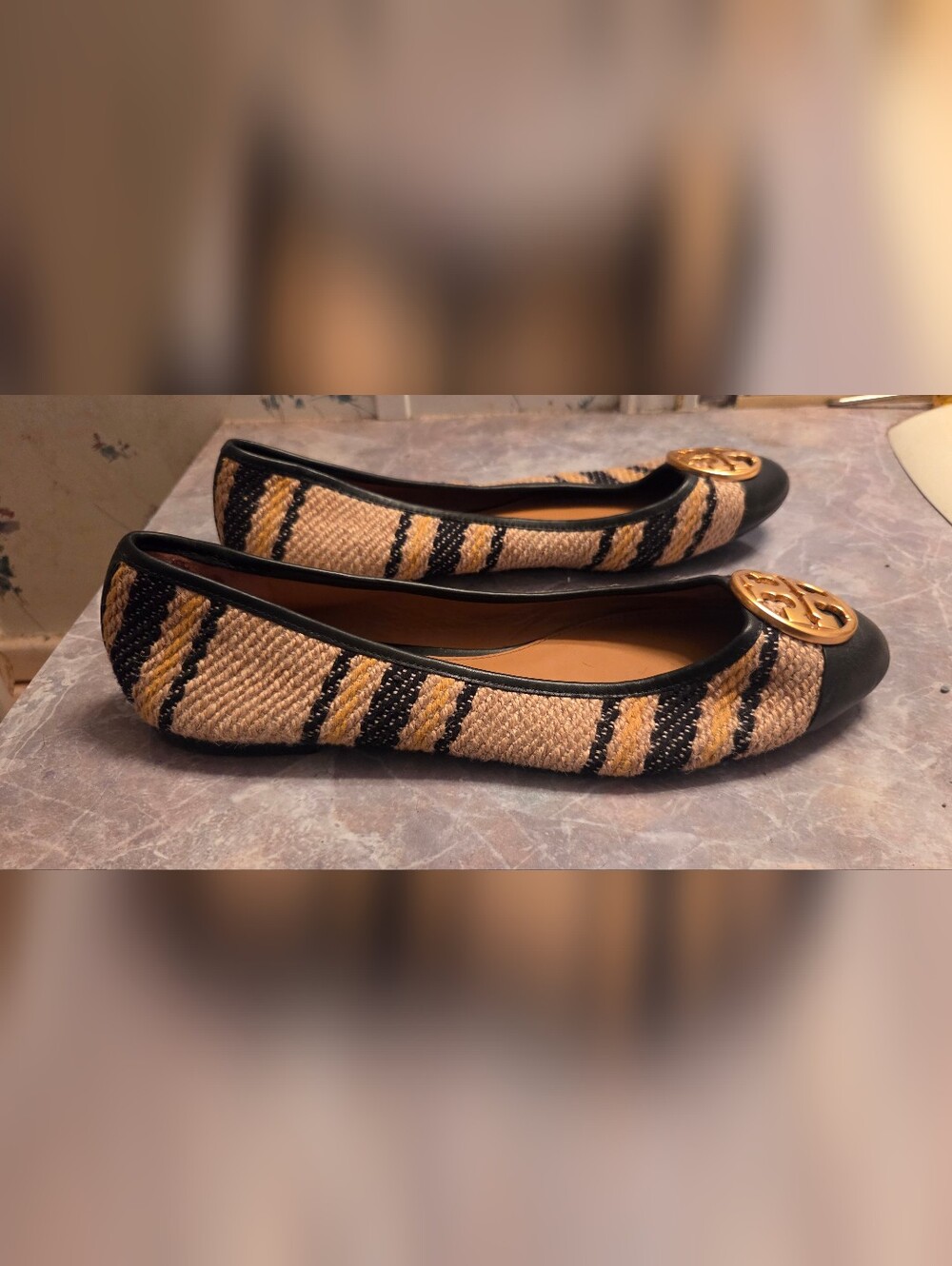 Tory Burch Black & Tan Striped Canvas Ballet Flats with Logo Medallion - Picture 5 of 6